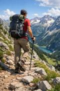 Senderista caminando por la montaña con botas de senderismo